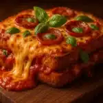 A slice of Pizza Lava Toast with melted cheese overflowing, topped with pepperoni and herbs on toasted sourdough bread
