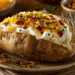 "Microwave baked potato topped with sour cream, cheddar cheese, bacon bits, and chives on a ceramic plate."