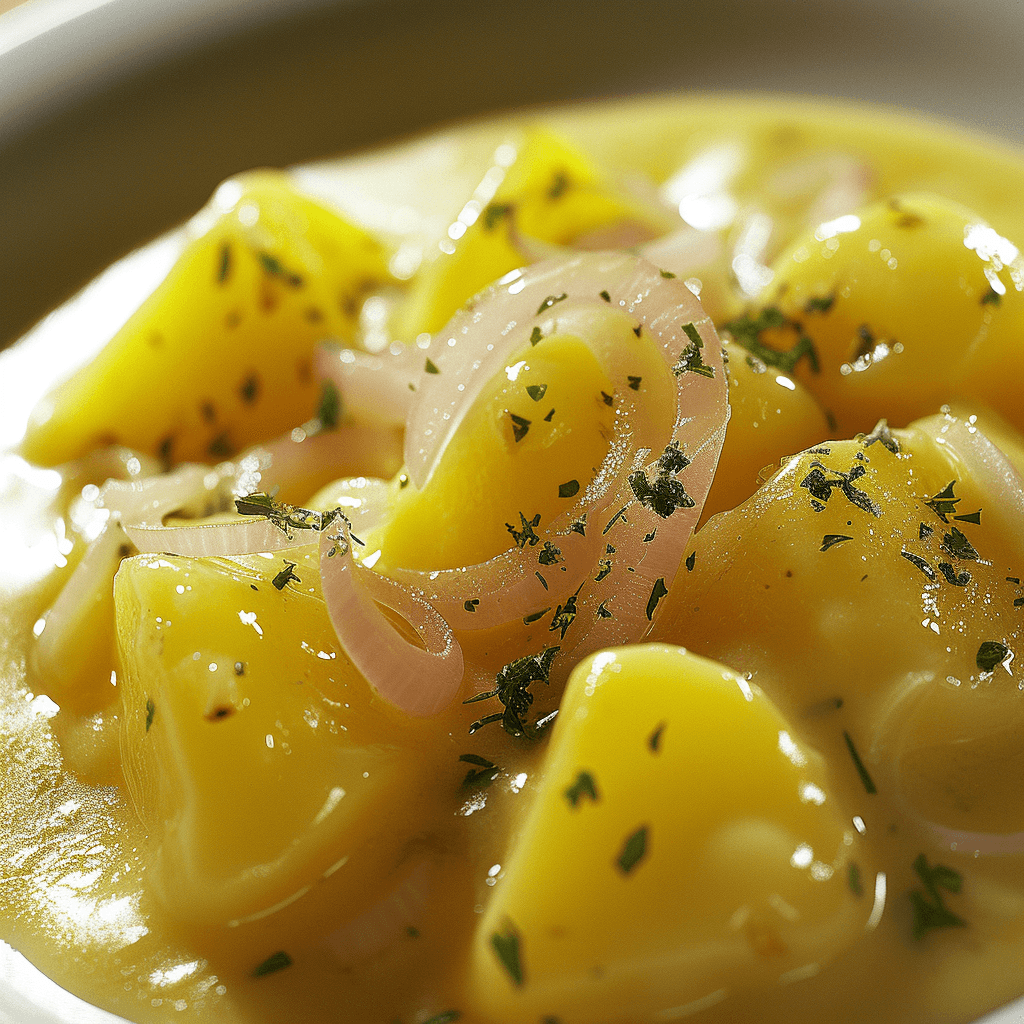 Close-up of creamy smothered potatoes with a thick, golden gravy and herbs.