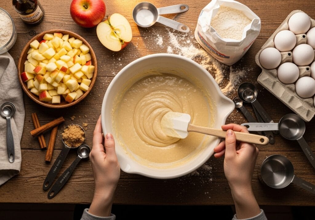 Hands mixing apple fritter cake batter with diced apples and cinnamon
