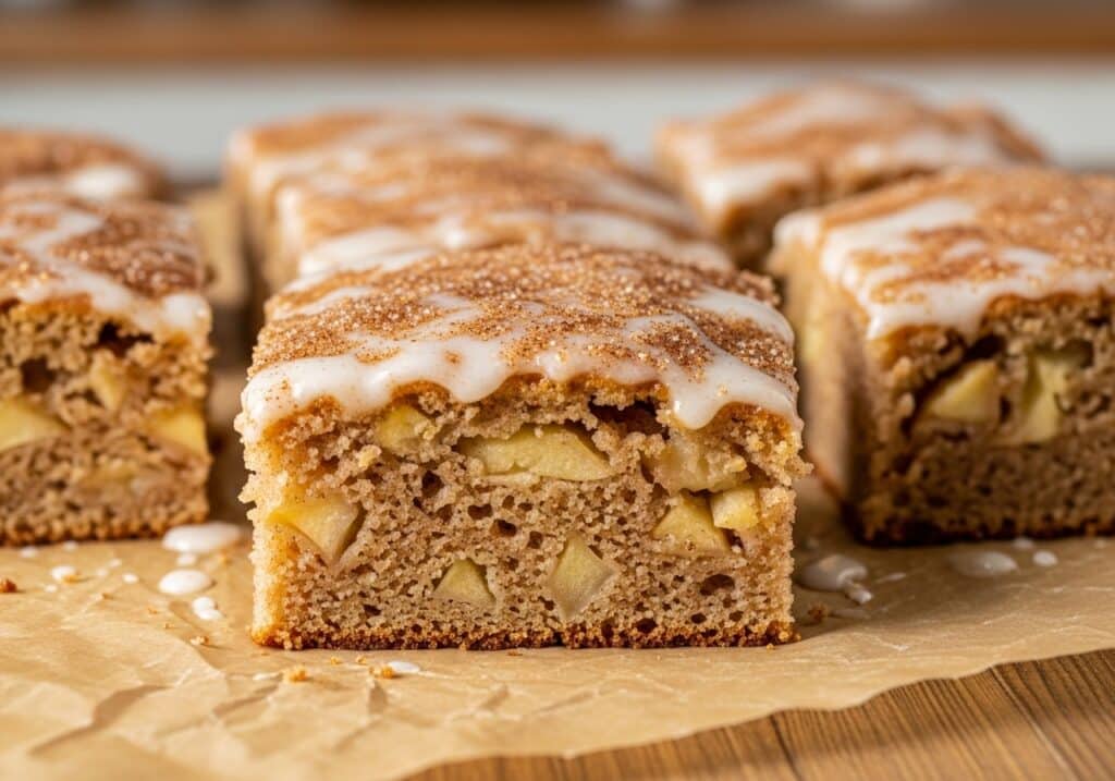 Moist apple fritter cake sliced open showing apple chunks and cinnamon layers