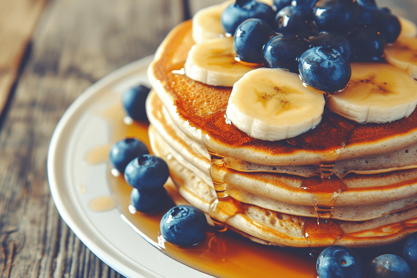 Stack of blueberry banana oatmeal pancakes with syrup and fruit