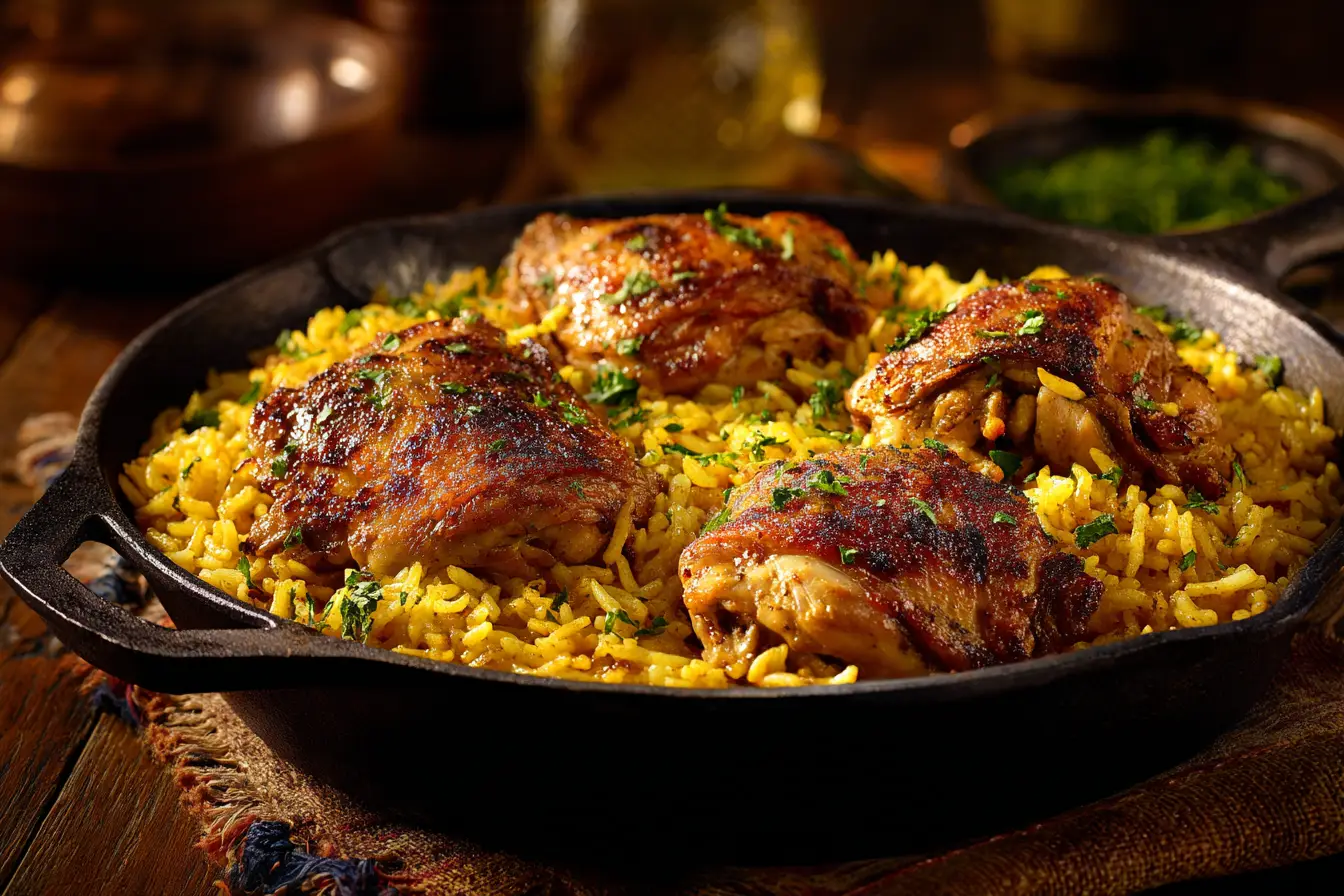 Chicken and Yellow Rice recipe in cast iron skillet