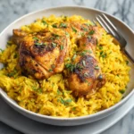 Chicken and Yellow Rice in cast iron skillet