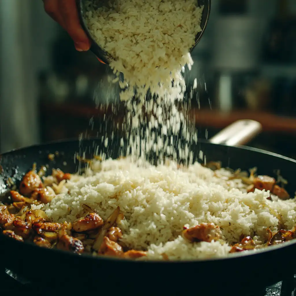 Adding rice to chicken and onion mix