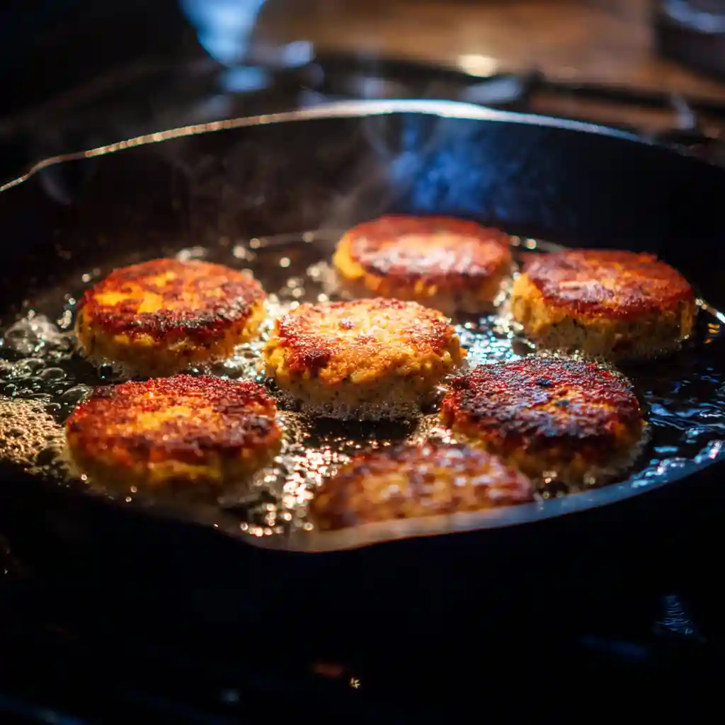 Salmon patties frying in a cast iron skillet