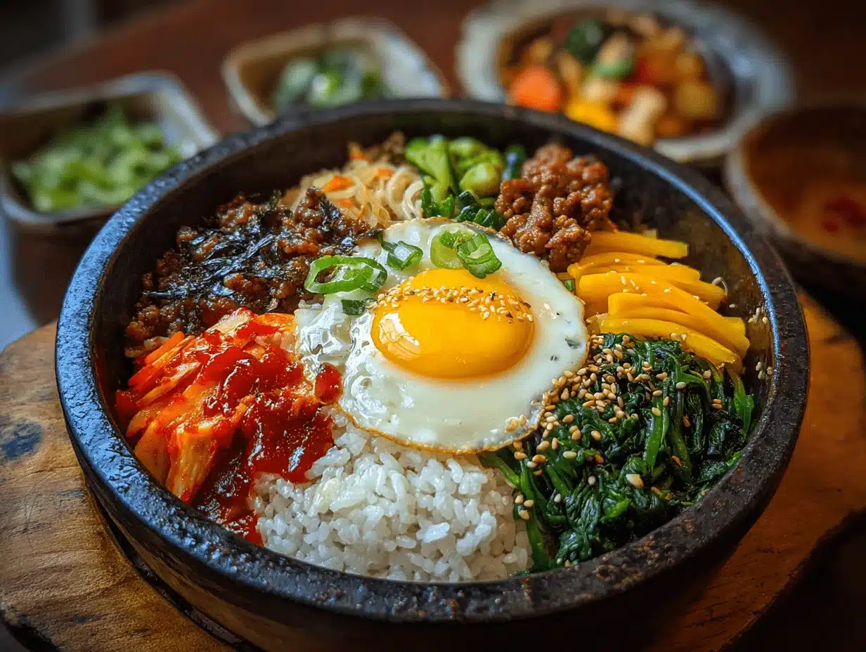 Dol Sot Bi Bim Bap in hot stone bowl with colorful vegetables and beef bulgogi