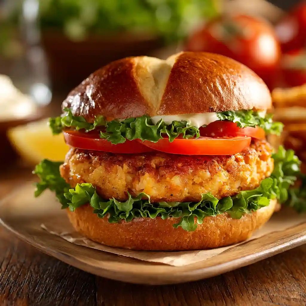 Salmon patty sandwich with toppings