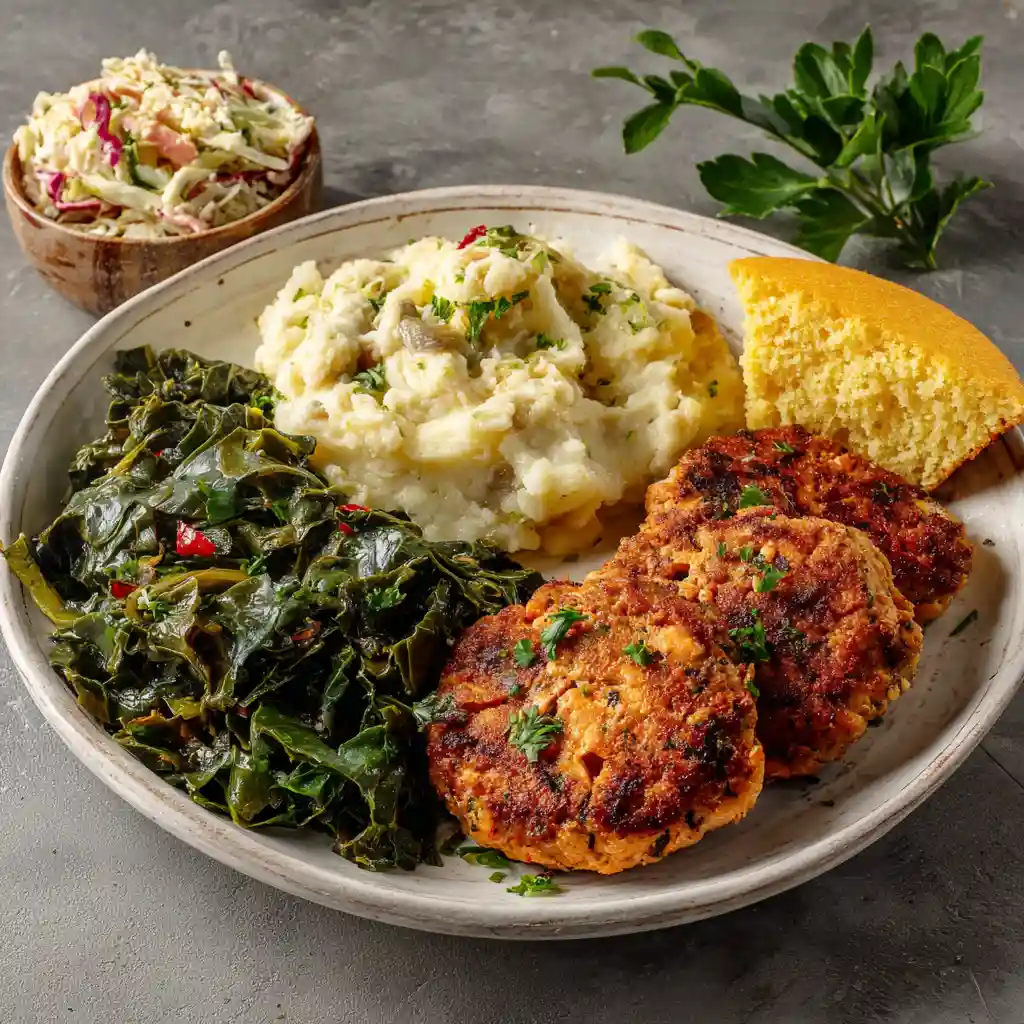 Complete Southern meal with patties and sides