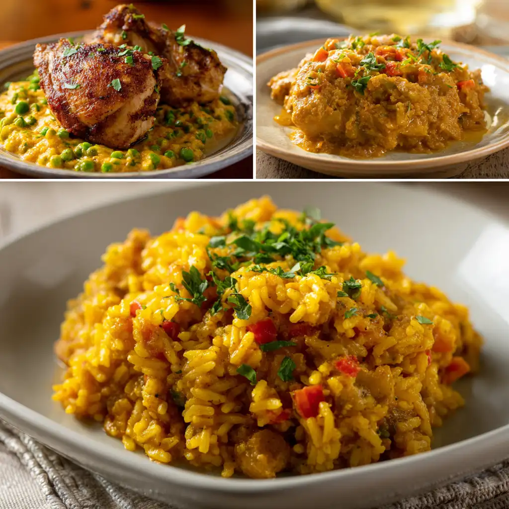 Three styles of chicken and yellow rice