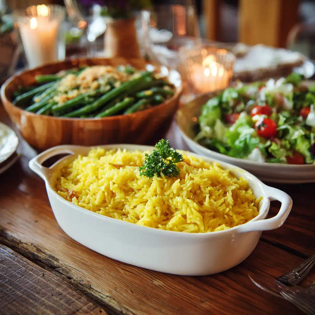 Chicken and yellow rice with classic sides