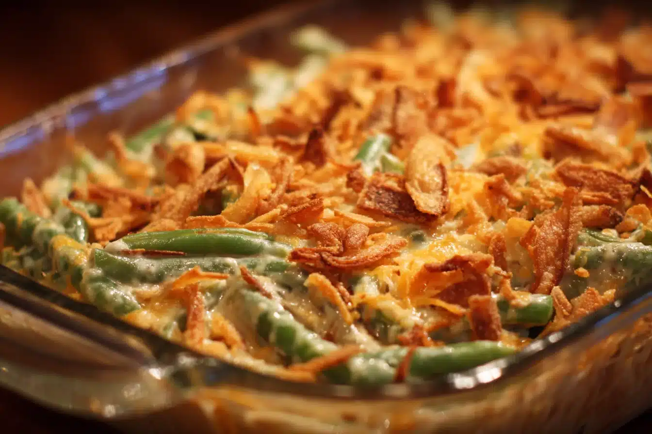green bean casserole on wooden table