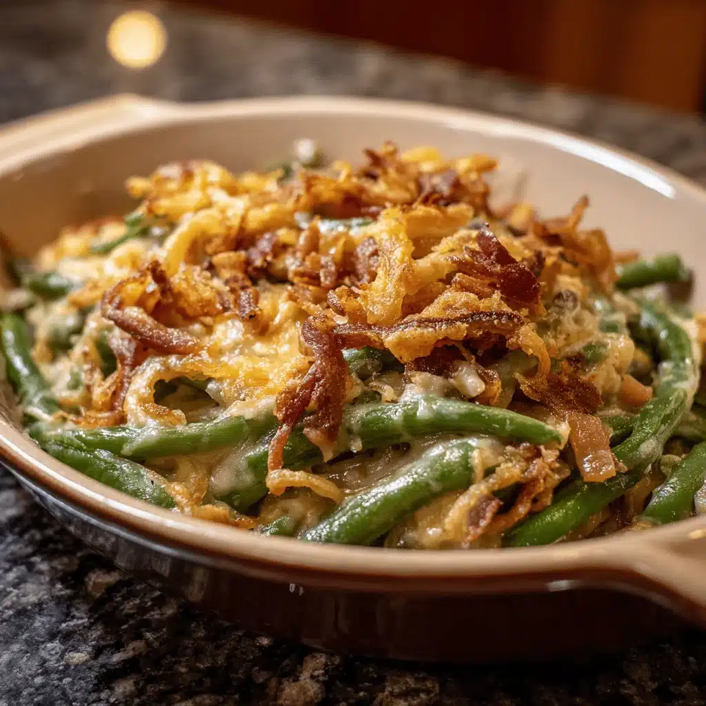 green bean casserole on wooden table