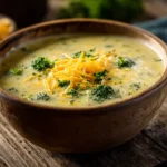 Bowl of creamy cheddar broccoli soup on table