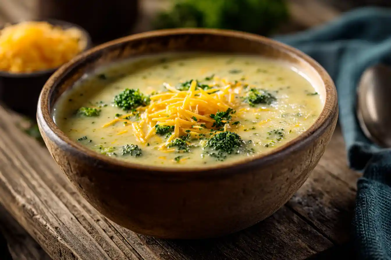 Bowl of creamy cheddar broccoli soup on table