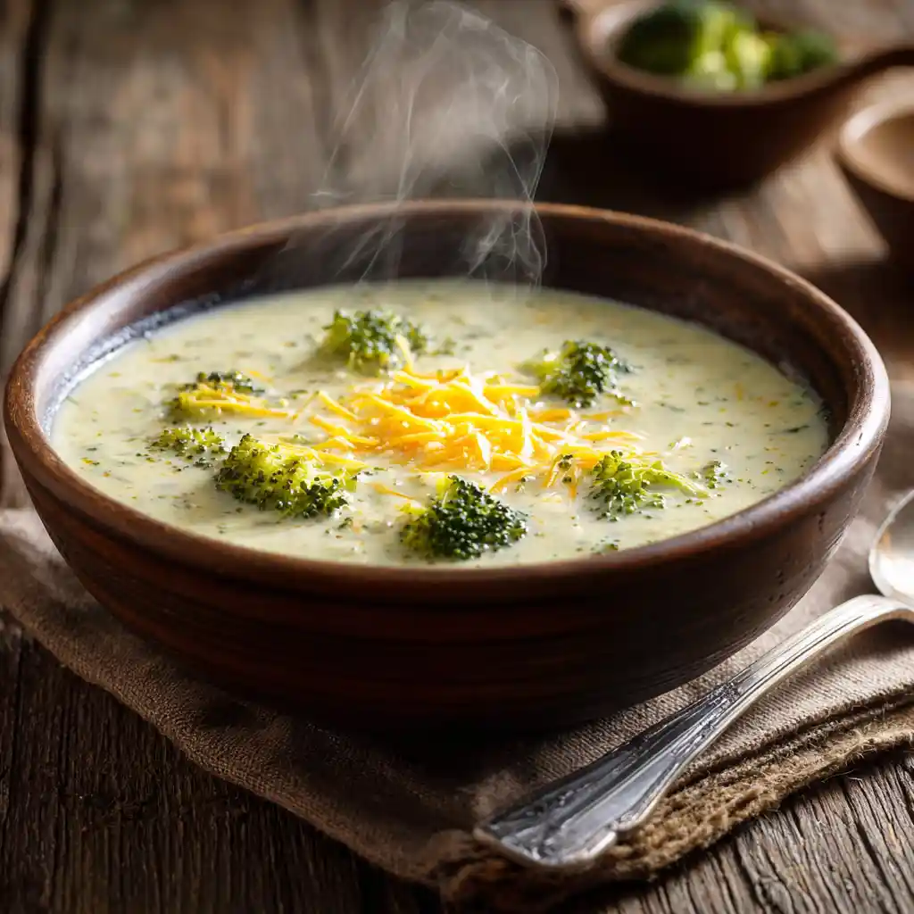 Bowl of creamy cheddar broccoli soup on table