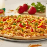 A nutritious school breakfast pizza topped with eggs, cheese, and vegetables, served on a cafeteria tray with fruit and milk.
