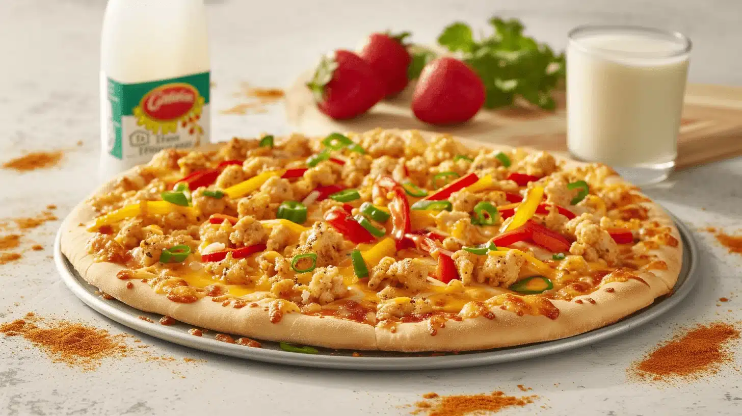 A nutritious school breakfast pizza topped with eggs, cheese, and vegetables, served on a cafeteria tray with fruit and milk.