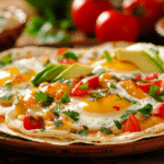 Huevos rancheros served on a plate with salsa ranchera, avocado, refried beans, and queso fresco.