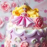A beautifully decorated Barbie doll cake with a pink and lavender fondant dress, surrounded by glittering decorations on a princess-themed birthday table.