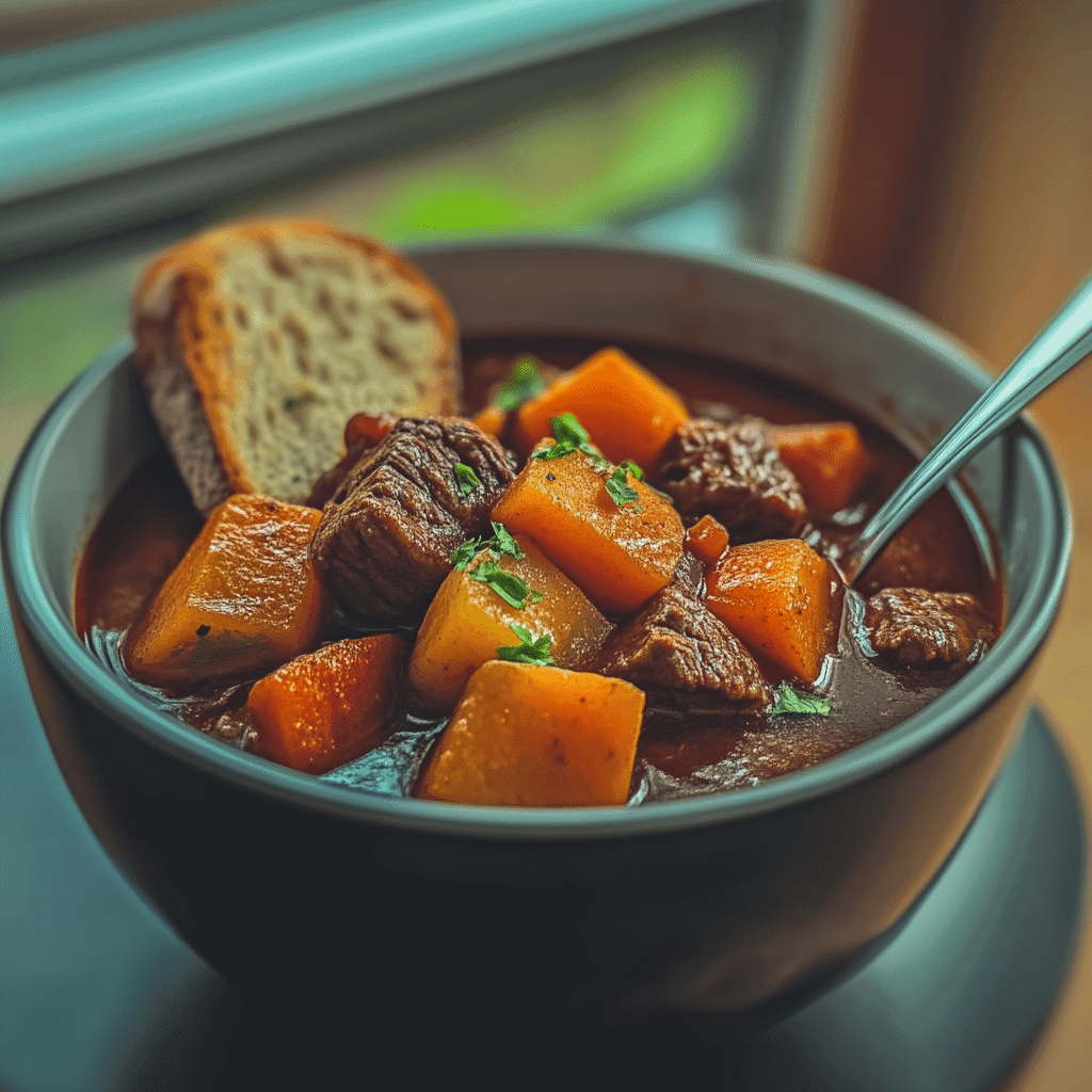 Served bowl of beef stew