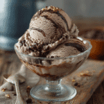 A scoop of rich chocolate malt ice cream in a dessert bowl with cocoa powder and malt flakes, sitting on a rustic wooden table, with a Ninja Creami machine in the background.