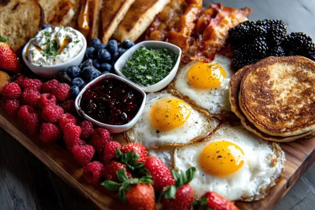 Breakfast board spread with pancakes and fruit