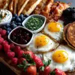 Breakfast board spread with pancakes and fruit