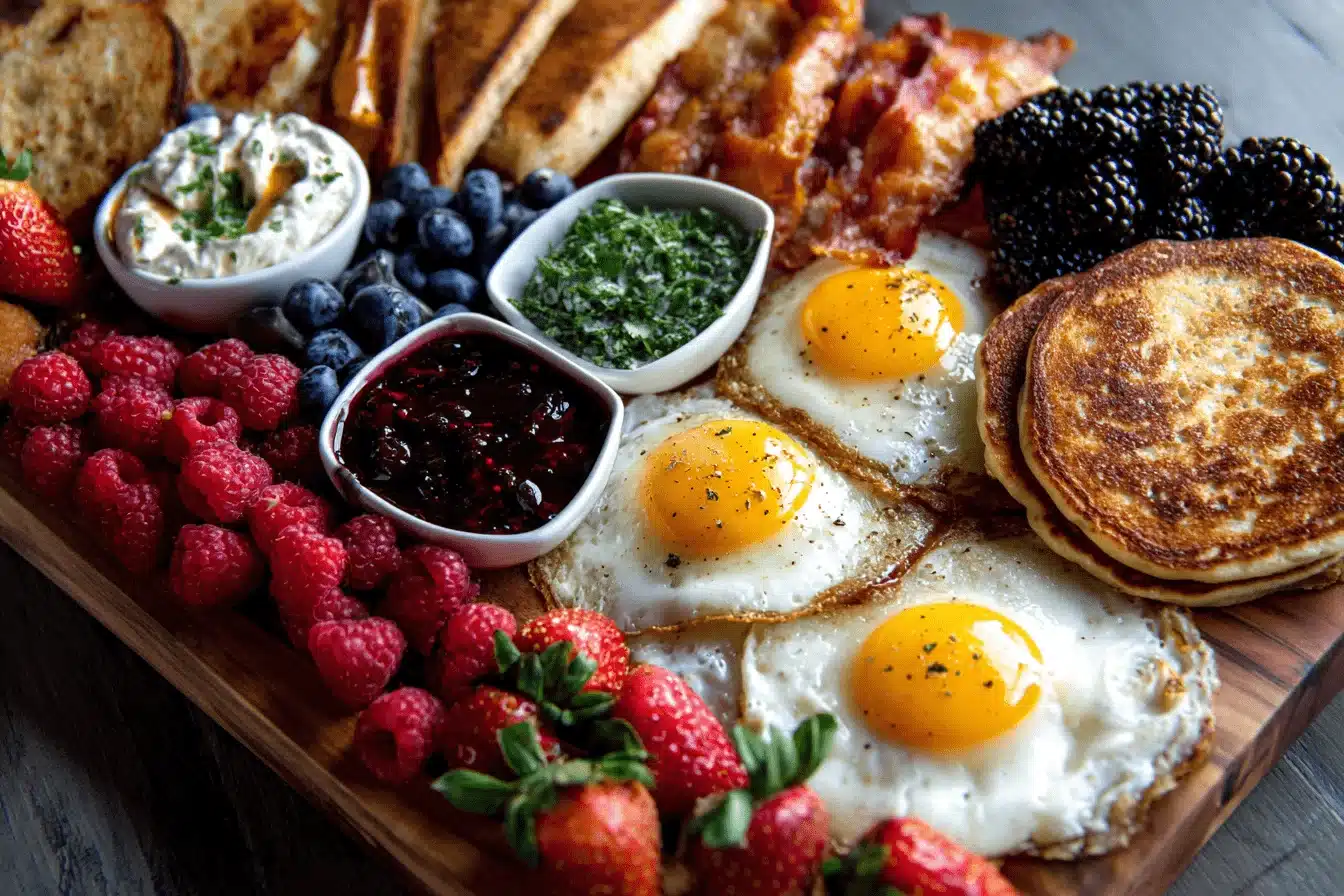 Breakfast board spread with pancakes and fruit