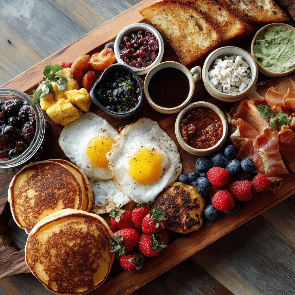 Breakfast board spread with pancakes and fruit