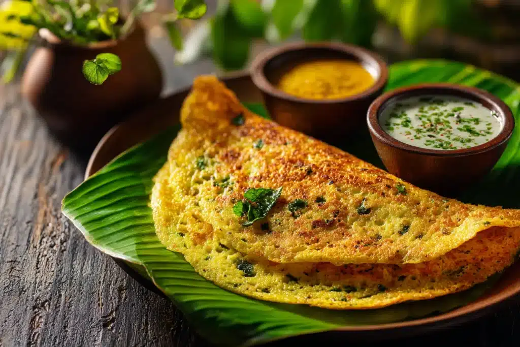 Pesarattu recipe served with chutneys on banana leaf