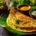 Pesarattu recipe served with chutneys on banana leaf