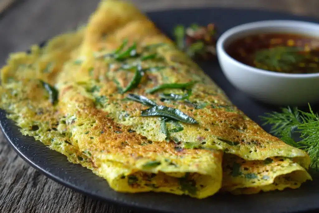 Pesarattu recipe served with chutneys on banana leaf