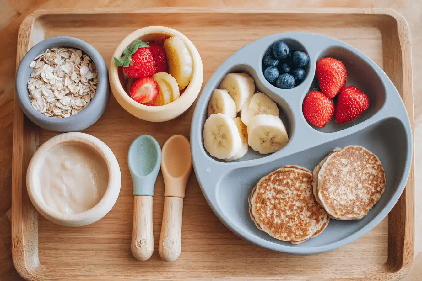 Healthy Toddler Breakfast Ideas with pancakes, fruits, and oatmeal
