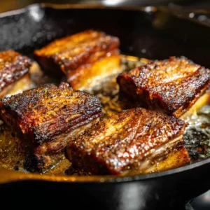 Searing boneless beef short ribs in a pan for best flavor