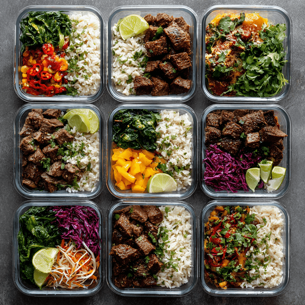 Meal prep containers filled with ground beef and rice recipes in Asian, Mediterranean, and Southwest variations