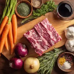 Boneless beef short ribs recipe ingredients with vegetables and wine
