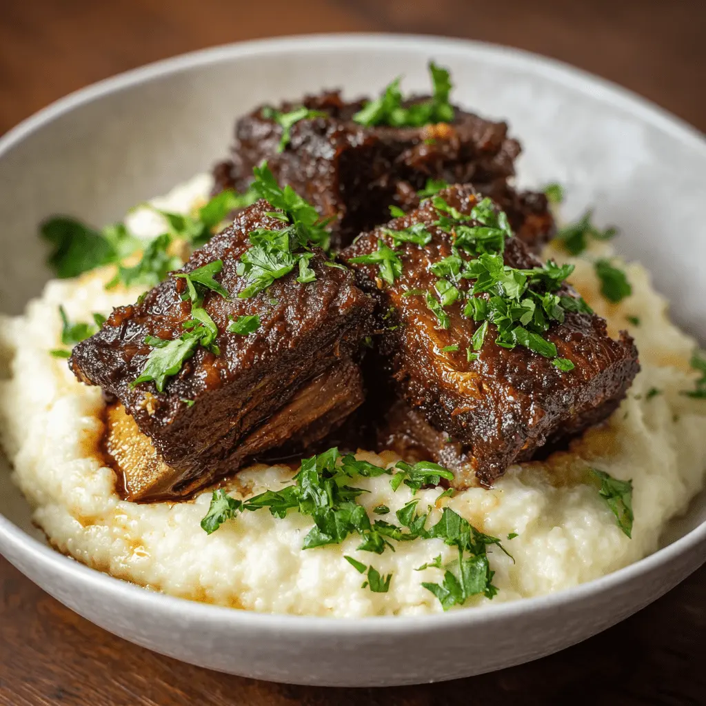 Boneless beef short ribs recipe served with mashed potatoes