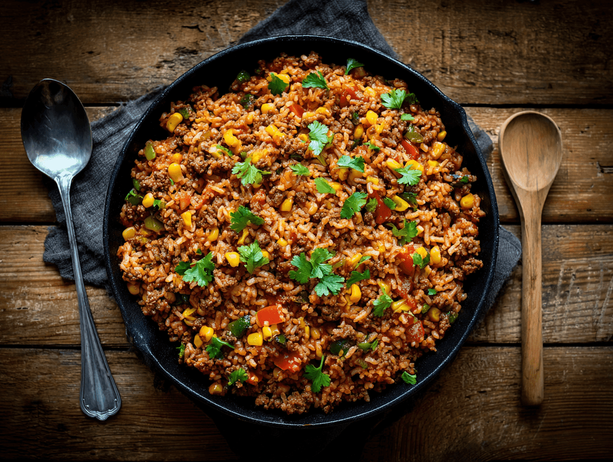 Alt Text: Tex-Mex ground beef and rice skillet — a delicious pick for ground beef and rice recipes