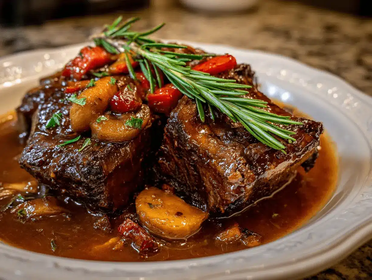 Boneless beef short ribs recipe with braised short ribs in Dutch oven