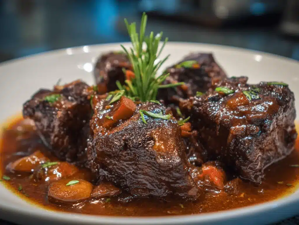Boneless beef short ribs recipe with braised short ribs in Dutch oven