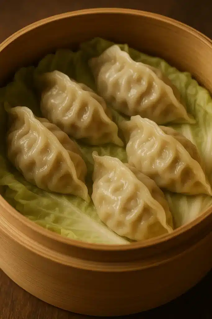Steamed chicken gyoza in bamboo steamer