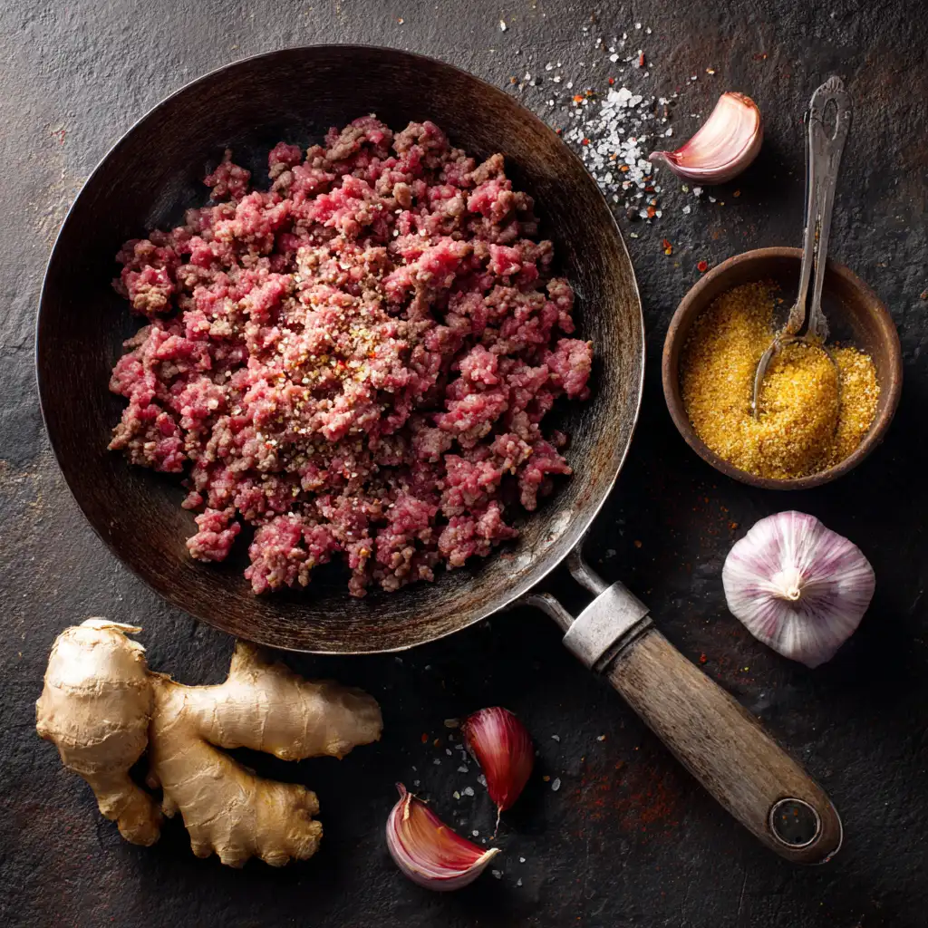 Ground beef browning in skillet