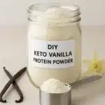 Glass jar labeled "DIY Keto Vanilla Protein Powder" with vanilla beans, vanilla flower, and scoop of powder on a beige surface.