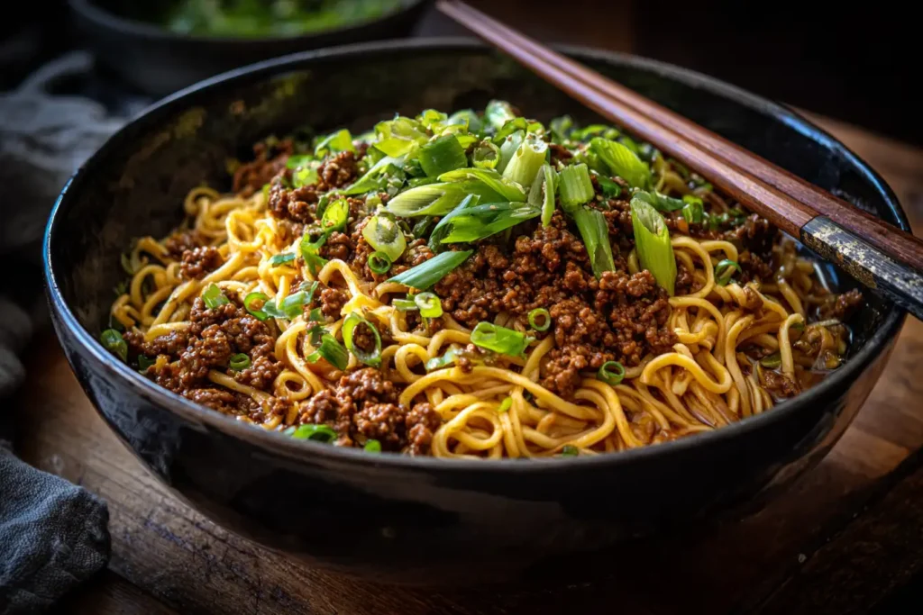 Bowl of Mongolian Ground Beef Noodles