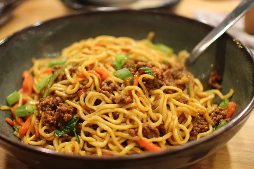 Bowl of Mongolian Ground Beef Noodles