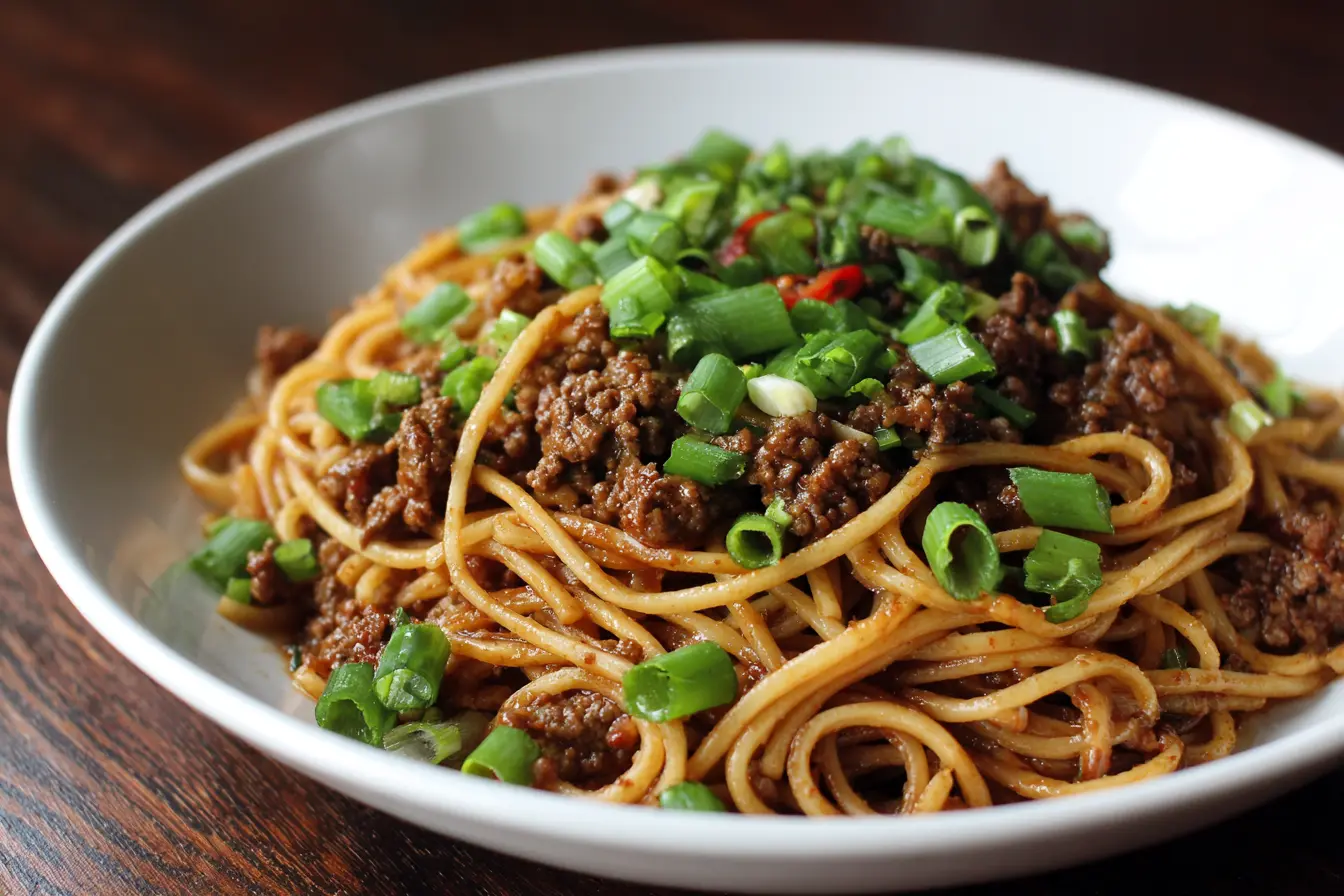Bowl of Mongolian Ground Beef Noodles