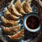 Crispy chicken gyoza in a skillet with steam