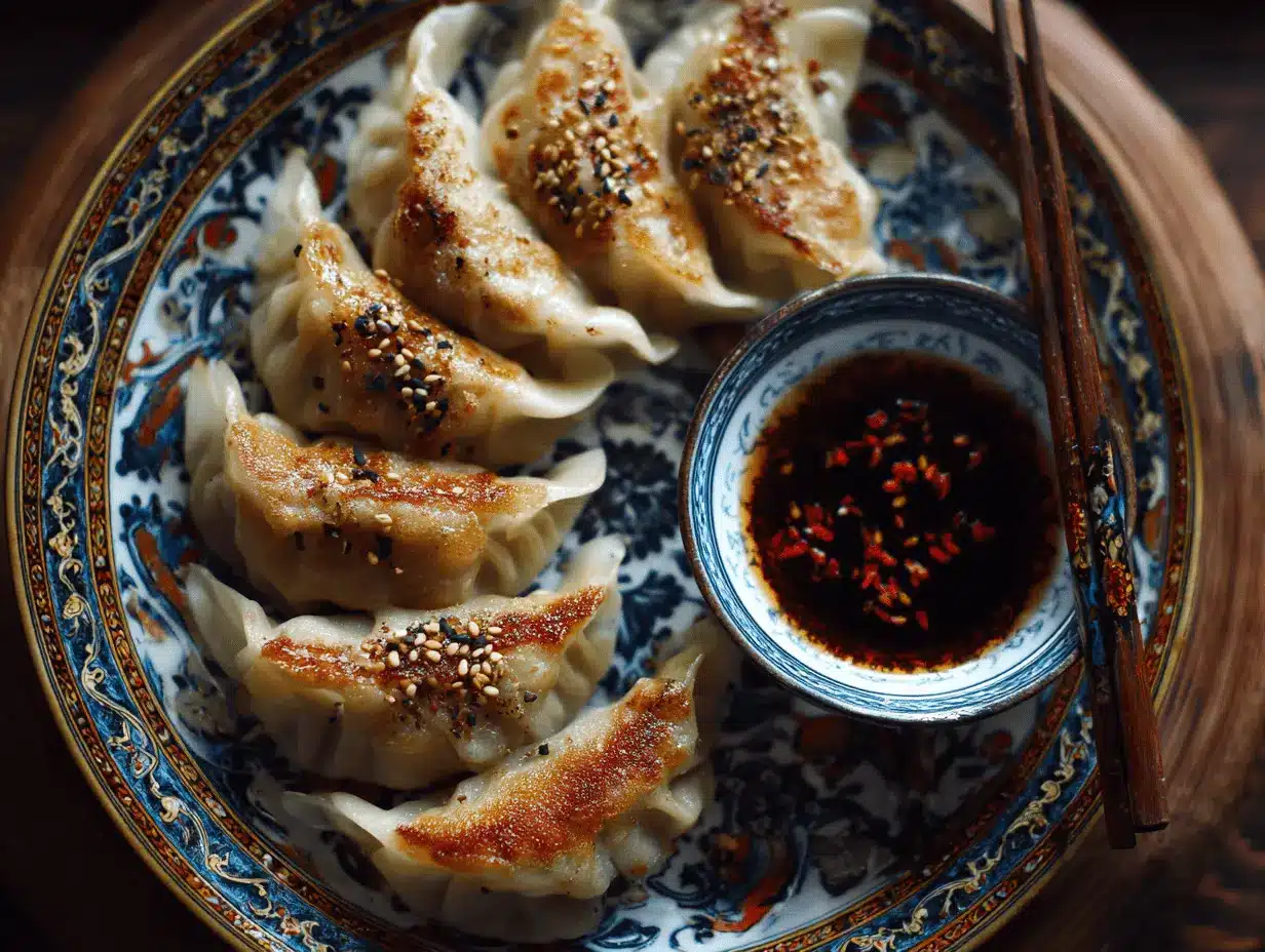 Crispy chicken gyoza in a skillet with steam