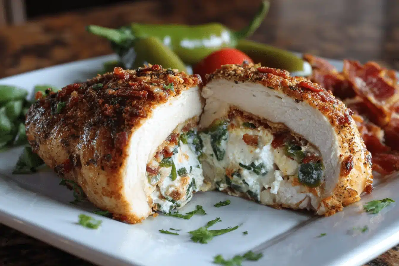 Jalapeno popper stuffed chicken sliced open